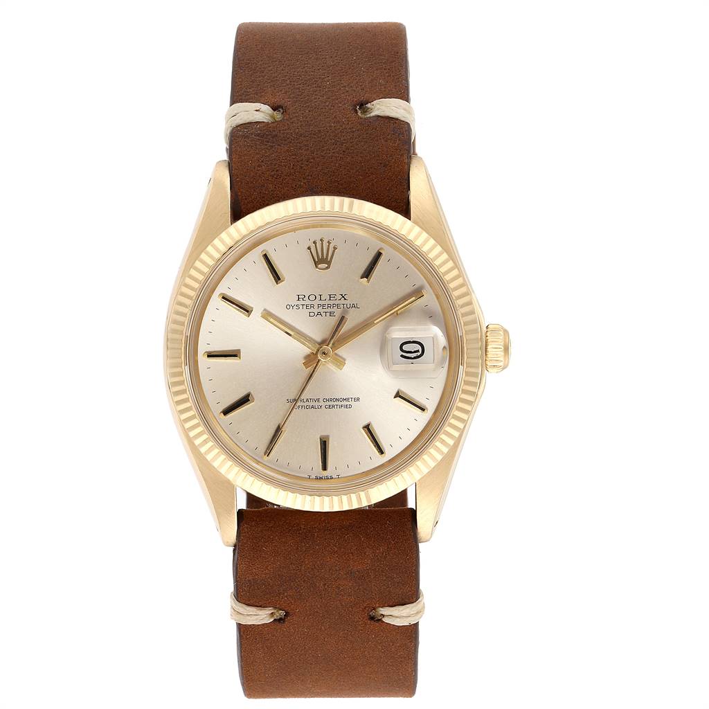 This image shows a front view of a Rolex Vintage Collection 1503 Men's Yellow Gold Silver Dial 1503 Men's Yellow Gold Silver Dial Oyster Perpetual Date watch with a brown leather strap and gold bezel.