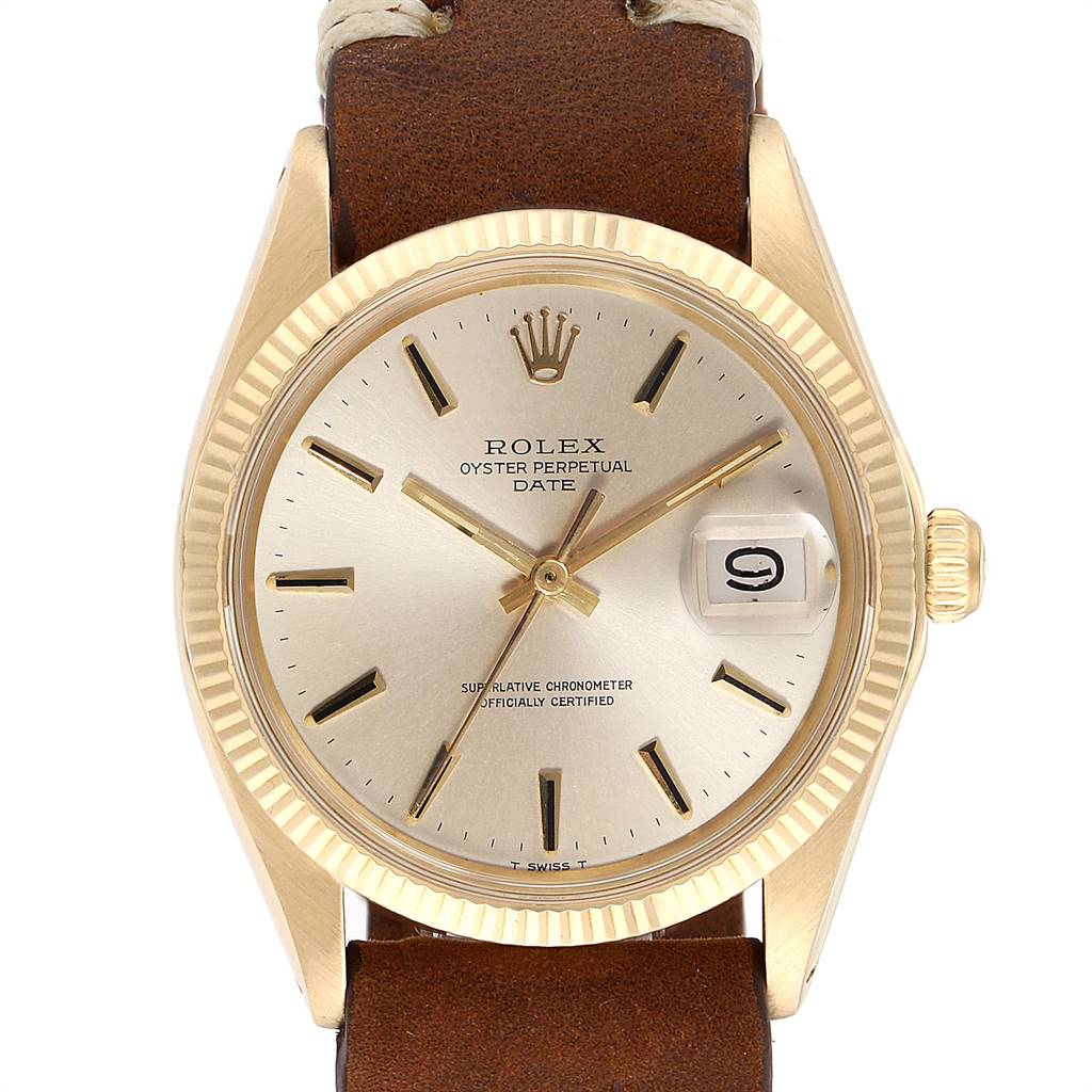 The image shows the front view of a Rolex Vintage Collection 1503 Men's Yellow Gold Silver Dial 1503 Men's Yellow Gold Silver Dial watch, displaying the dial, bezel, crown, and leather strap.