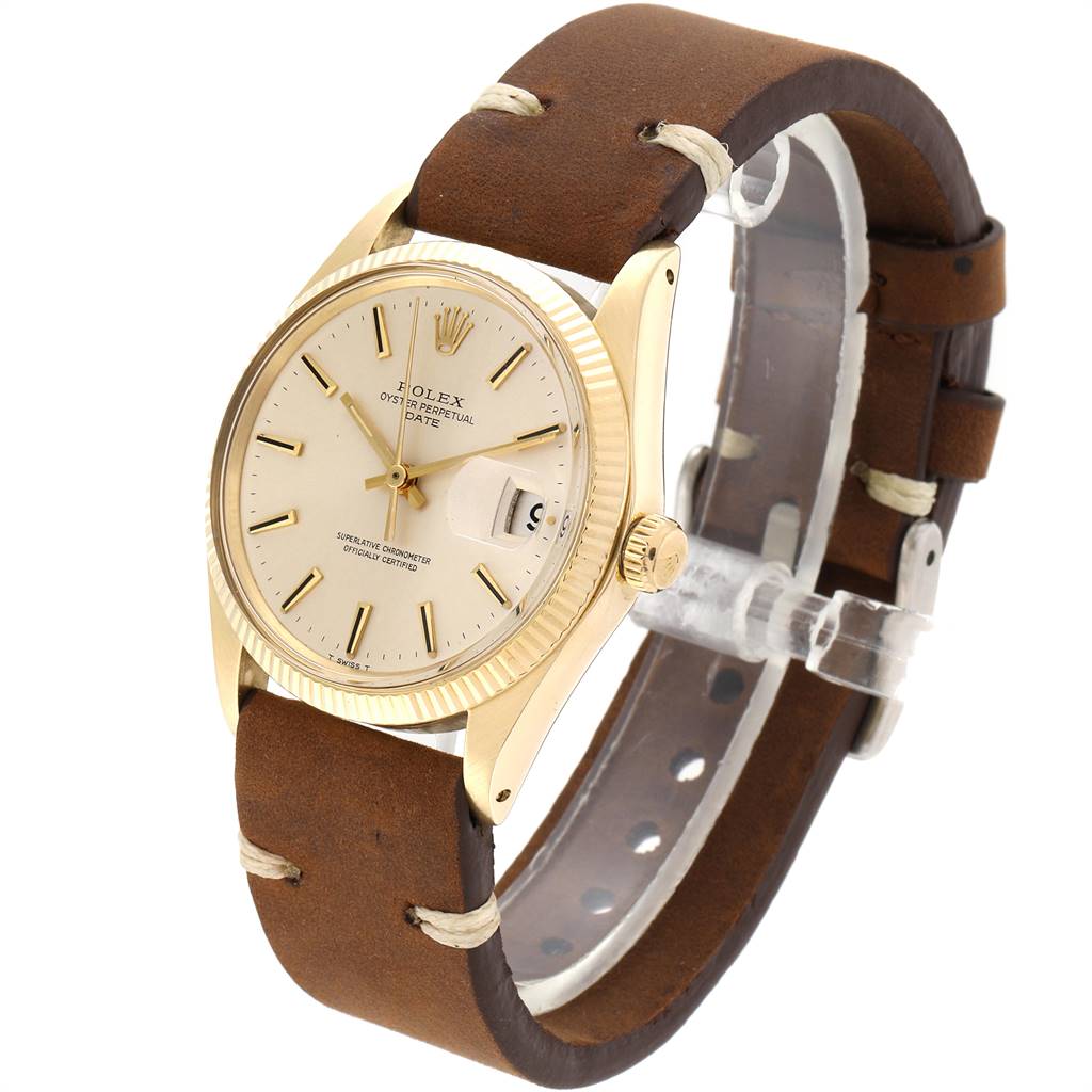 This Rolex Vintage Collection 1503 Men's Yellow Gold Silver Dial 1503 Men's Yellow Gold Silver Dial watch is shown at a slight angle, highlighting the dial, case, and brown leather strap.