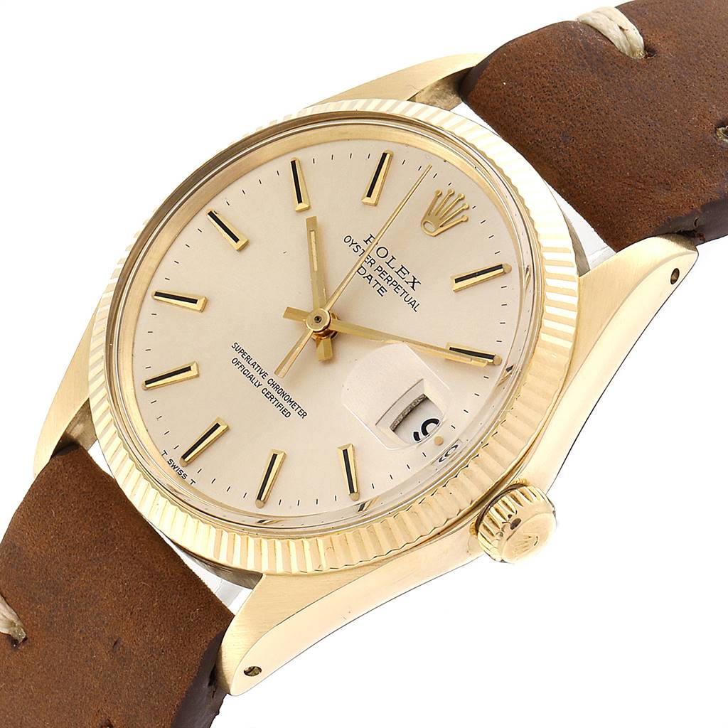 The Rolex Vintage Collection 1503 Men's Yellow Gold Silver Dial 1503 Men's Yellow Gold Silver Dial model watch is shown at a slight angle, highlighting the face, bezel, crown, and part of the leather strap.