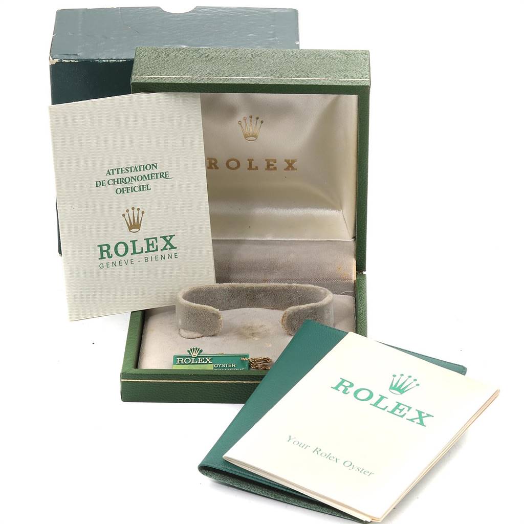 The image shows the Rolex Vintage Collection 1503 Men's Yellow Gold Silver Dial 1503 Men's Yellow Gold Silver Dial watch box with booklets and a display pillow, viewed from the front.