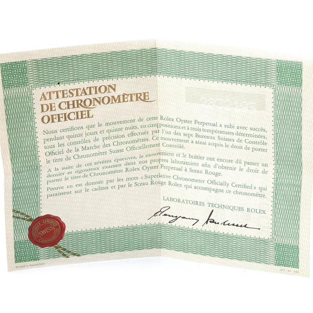 The image shows a chronometer certificate for the Rolex Vintage Collection 1503 Men's Yellow Gold Silver Dial 1503 Men's Yellow Gold Silver Dial model, detailing its precision and certification.