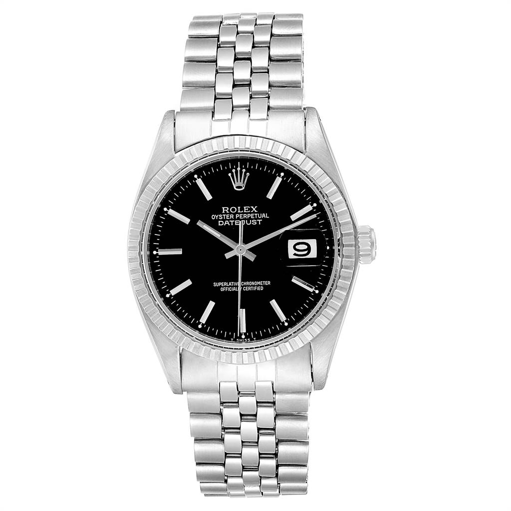 This image shows a front view of the Rolex Vintage Collection 1603 Men
s Stainless Steel Black Dial 1603 Men
s Stainless Steel Black Dial Datejust watch, highlighting its dial, bezel, and bracelet.