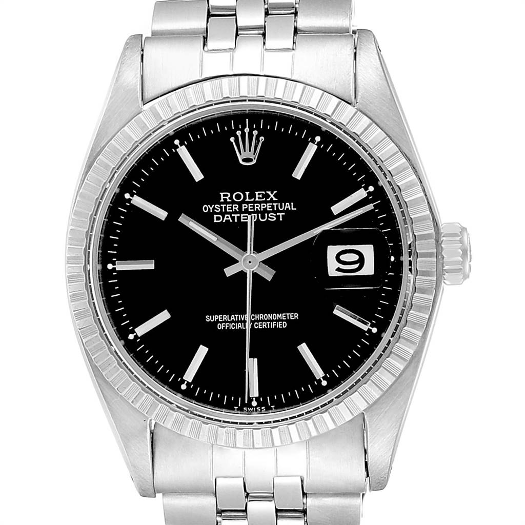 The Rolex Vintage Collection 1603 Men
s Stainless Steel Black Dial 1603 Men
s Stainless Steel Black Dial model is shown from the front, displaying its black dial, date window, and stainless steel bracelet.