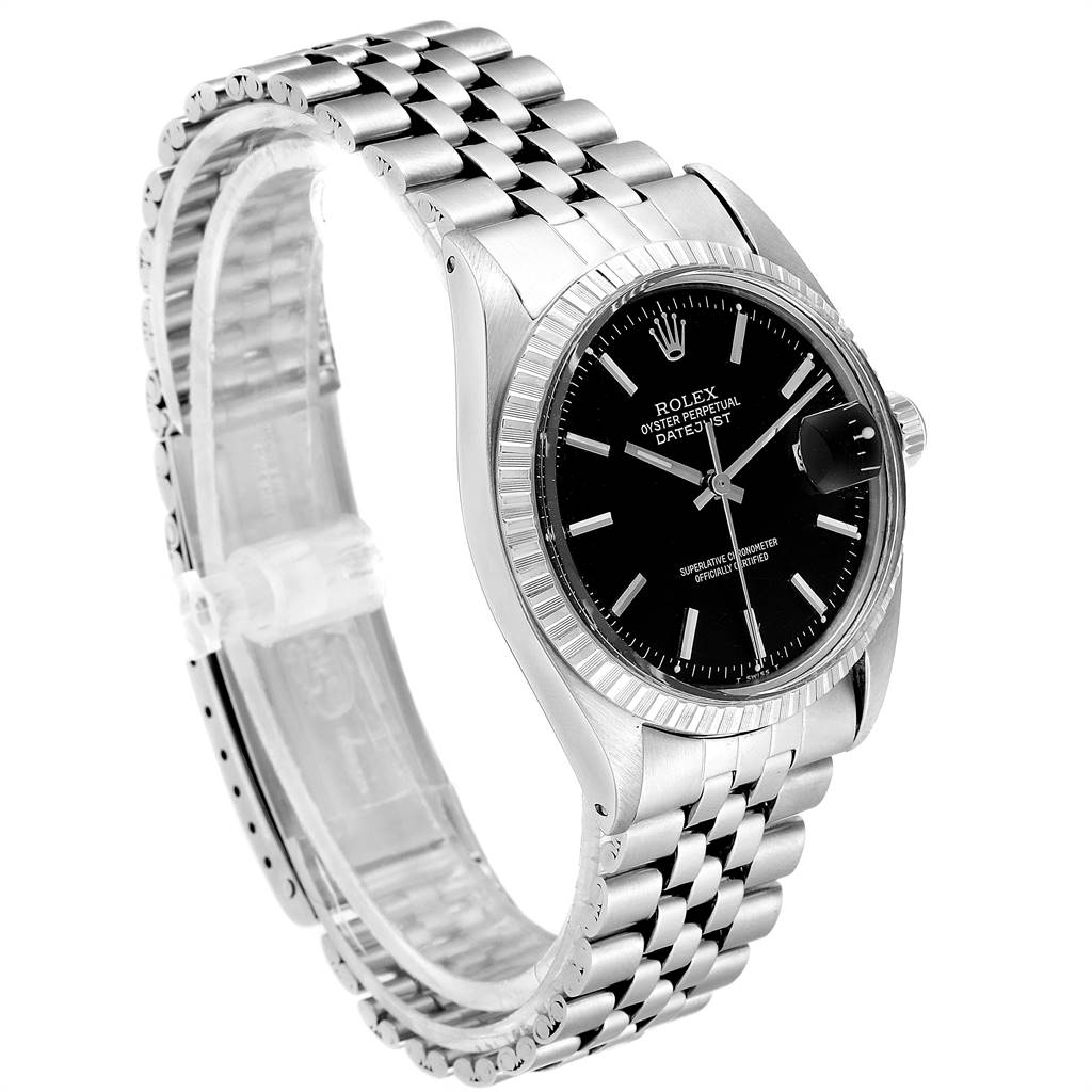 The image shows a Rolex Vintage Collection 1603 Men
s Stainless Steel Black Dial 1603 Men
s Stainless Steel Black Dial model watch from a left side angle, highlighting the bracelet, case, dial, and crown.