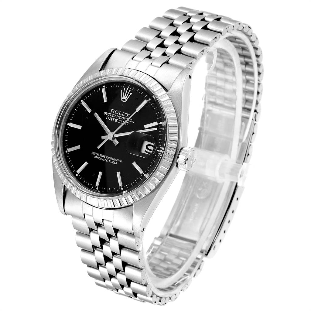 The Rolex Vintage Collection 1603 Men
s Stainless Steel Black Dial 1603 Men
s Stainless Steel Black Dial watch is shown at an angle highlighting the face, crown, and band.