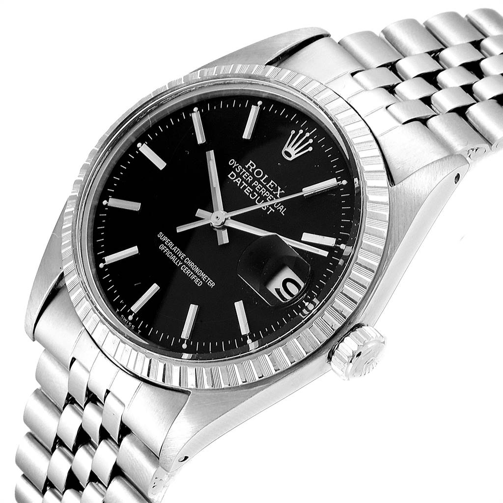 This image displays a Rolex Vintage Collection 1603 Men
s Stainless Steel Black Dial 1603 Men
s Stainless Steel Black Dial model watch at an angled view, highlighting the face, bezel, and part of the bracelet.