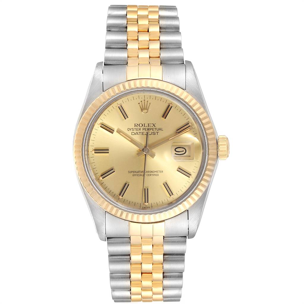 The Rolex Vintage Collection 16013 Men's Stainless Steel Champagne Dial 16013 Men's Stainless Steel Champagne Dial model watch is shown from a front angle, displaying the face, dial, bezel, and bracelet.