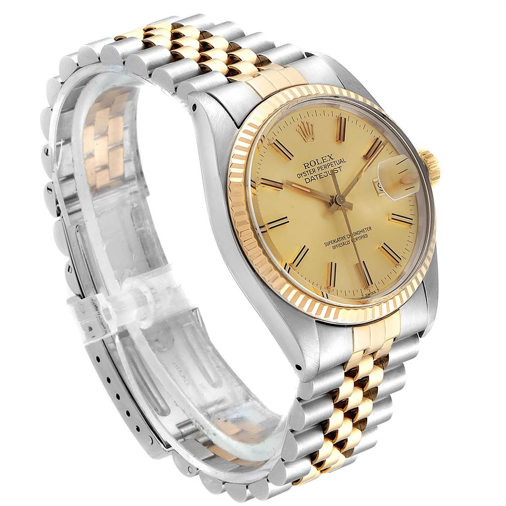 The Rolex Vintage Collection 16013 Men's Stainless Steel Champagne Dial 16013 Men's Stainless Steel Champagne Dial model is shown at an angle displaying the bracelet, bezel, dial, and crown.