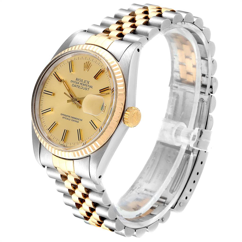 The image shows a Rolex Vintage Collection 16013 Men's Stainless Steel Champagne Dial 16013 Men's Stainless Steel Champagne Dial Datejust model from an angle highlighting the front face, dial, bezel, case, crown, and jubilee bracelet.