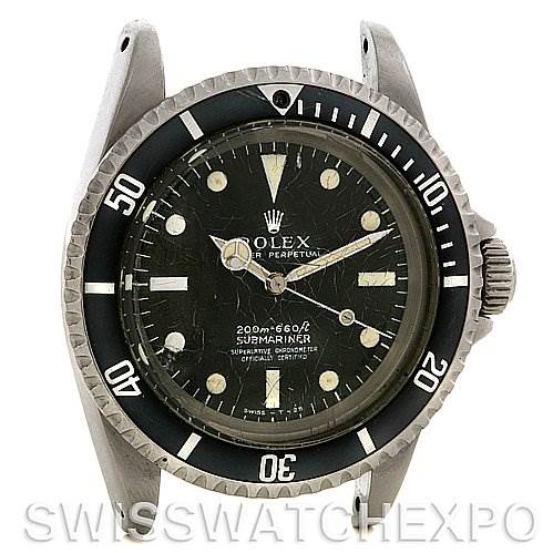 This image features a front view of the Rolex Vintage Collection 1512 Men's Stainless Steel Black Dial 1512 Men's Stainless Steel Black Dial Submariner watch, showing its dial, bezel, and case.