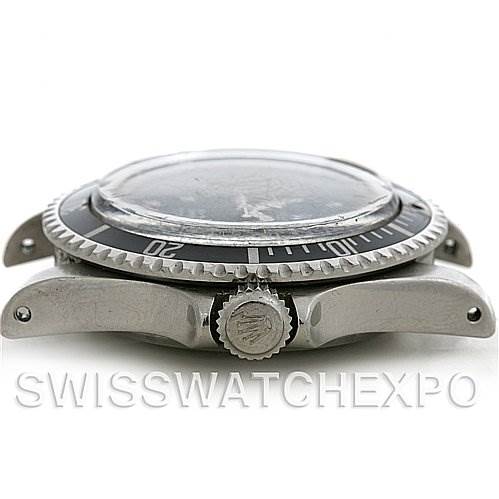 The image shows a side view of a Rolex Vintage Collection 1512 Men's Stainless Steel Black Dial 1512 Men's Stainless Steel Black Dial watch, highlighting the crown, bezel, and case.