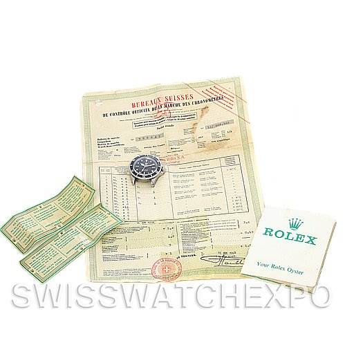 The image shows a Rolex Vintage Collection 1512 Men's Stainless Steel Black Dial 1512 Men's Stainless Steel Black Dial watch with its certificate, warranty papers, and manual, viewed from above.