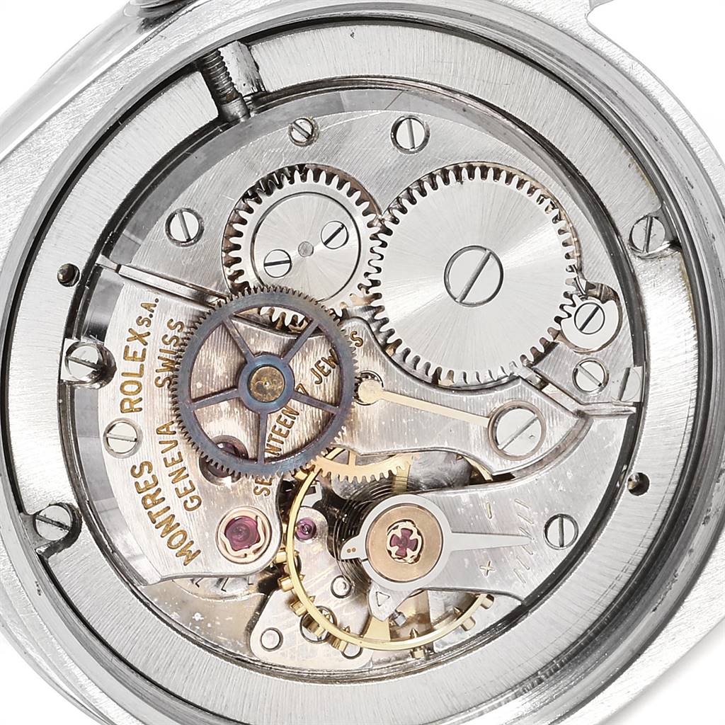 This close-up view shows the internal mechanical movements and gears of the Vintage Collection model by Rolex.