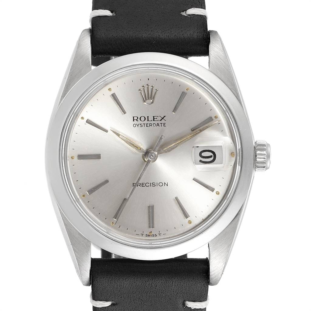 The image shows a front view of the Rolex Vintage Collection 6694 Men
s Stainless Steel Silver Dial 6694 Men
s Stainless Steel Silver Dial Oysterdate watch with its dial, hands, date window, and black leather strap.