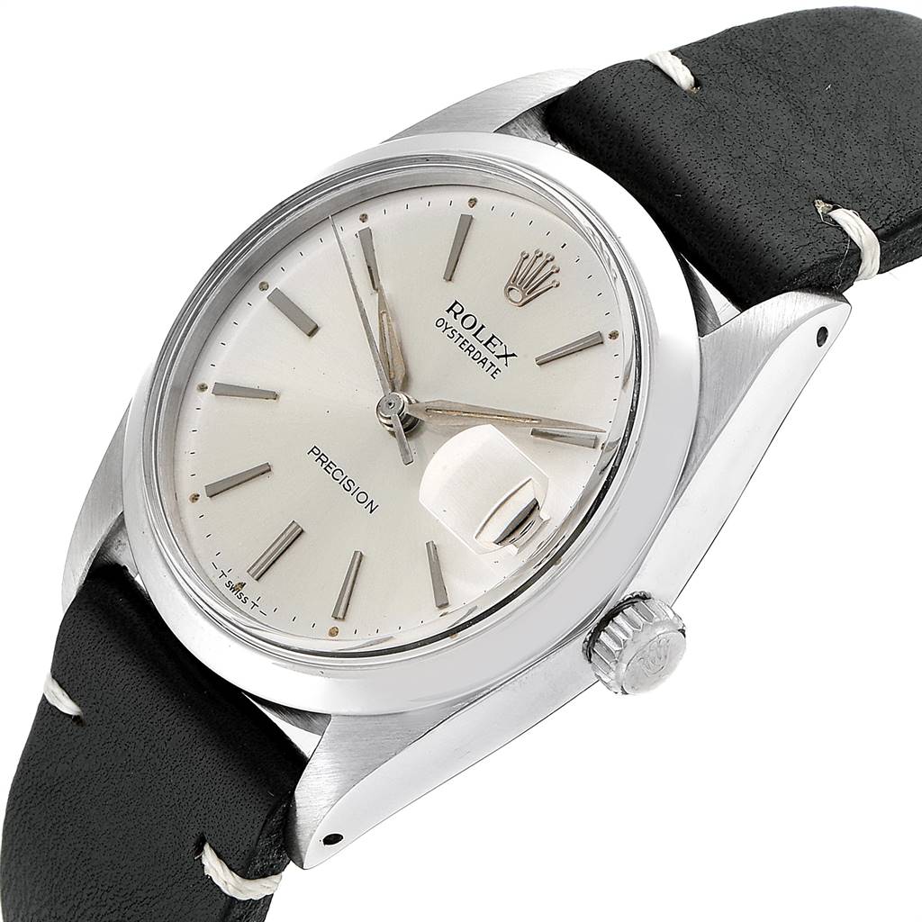 This image shows a Rolex Vintage Collection 6694 Men
s Stainless Steel Silver Dial 6694 Men
s Stainless Steel Silver Dial model watch from a slightly tilted front angle, highlighting its dial, crown, and leather strap.