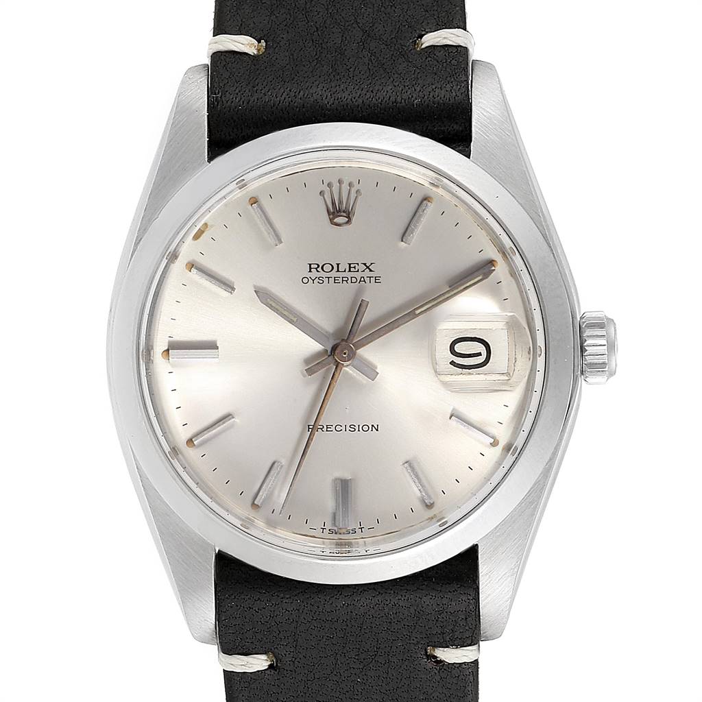 This is a front view of a Rolex Vintage Collection 6694 Men's Stainless Steel Silver Dial 6694 Men's Stainless Steel Silver Dial Oysterdate model, displaying its dial, hands, date window, and crown.