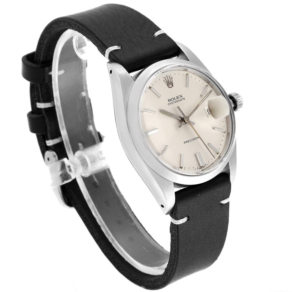 The Rolex Vintage Collection 6694 Men's Stainless Steel Silver Dial 6694 Men's Stainless Steel Silver Dial watch is shown at a slight angle, displaying the watch face, case, and black leather strap.