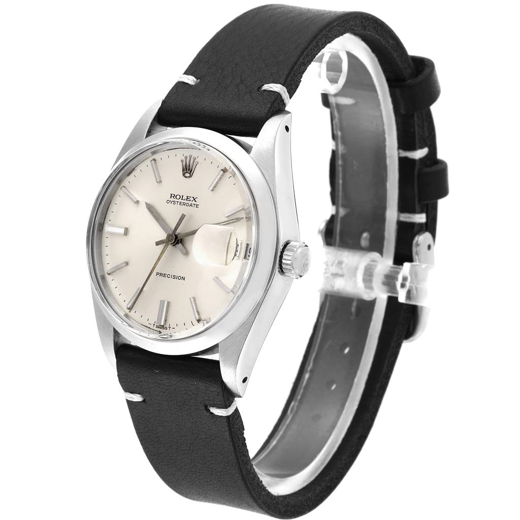 This Rolex Vintage Collection 6694 Men's Stainless Steel Silver Dial 6694 Men's Stainless Steel Silver Dial model watch is shown at a slight angle, highlighting its face, bezel, crown, and black leather strap.