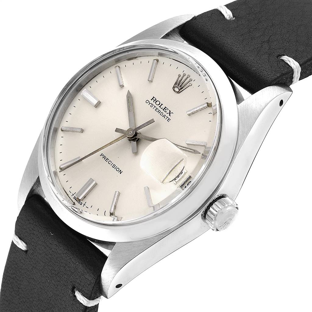 The Rolex Vintage Collection 6694 Men's Stainless Steel Silver Dial 6694 Men's Stainless Steel Silver Dial watch is shown at an oblique angle, highlighting the dial, case, crown, and leather strap.