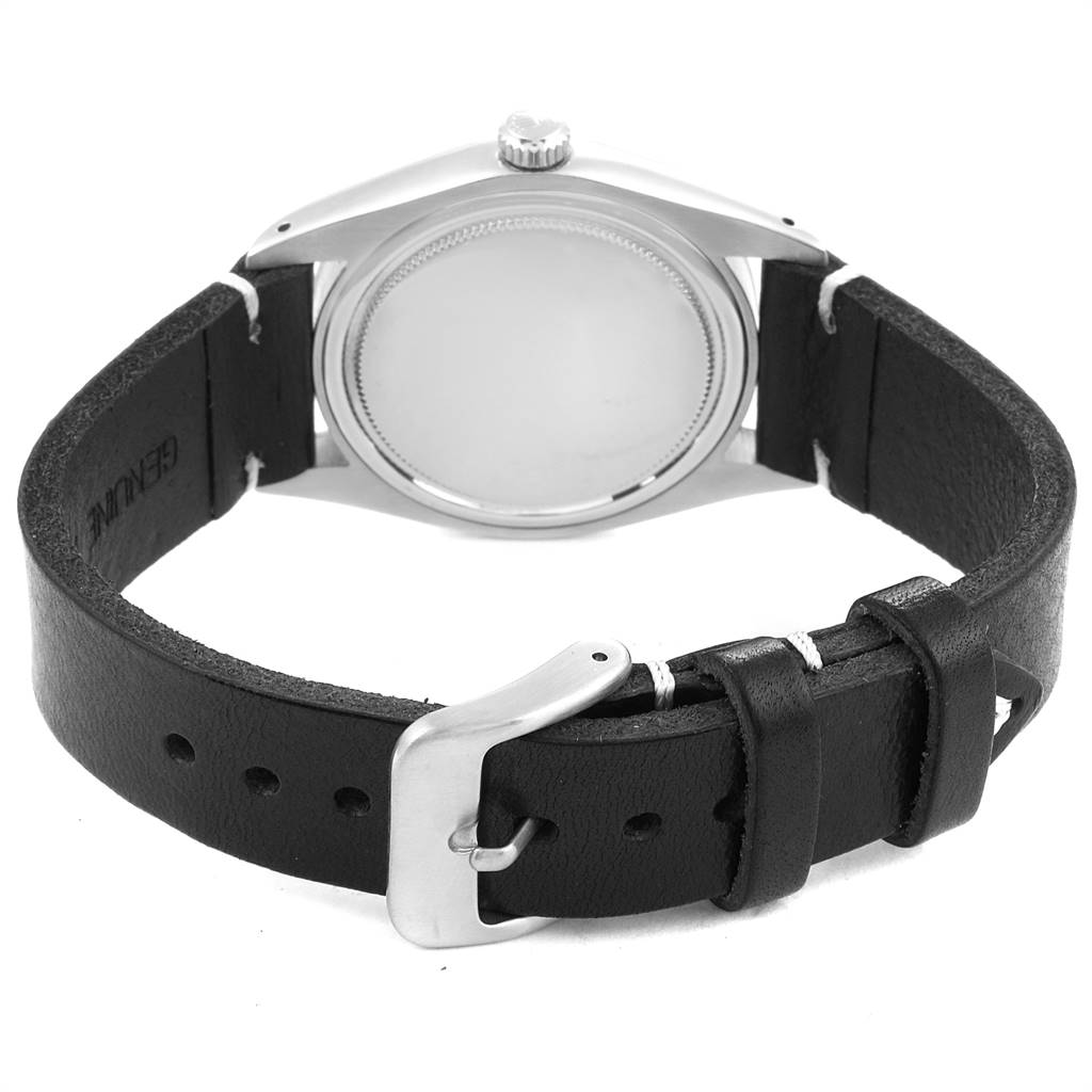 The image shows the back of the Rolex Vintage Collection 6694 Men's Stainless Steel Silver Dial 6694 Men's Stainless Steel Silver Dial watch, highlighting the leather strap and buckle.