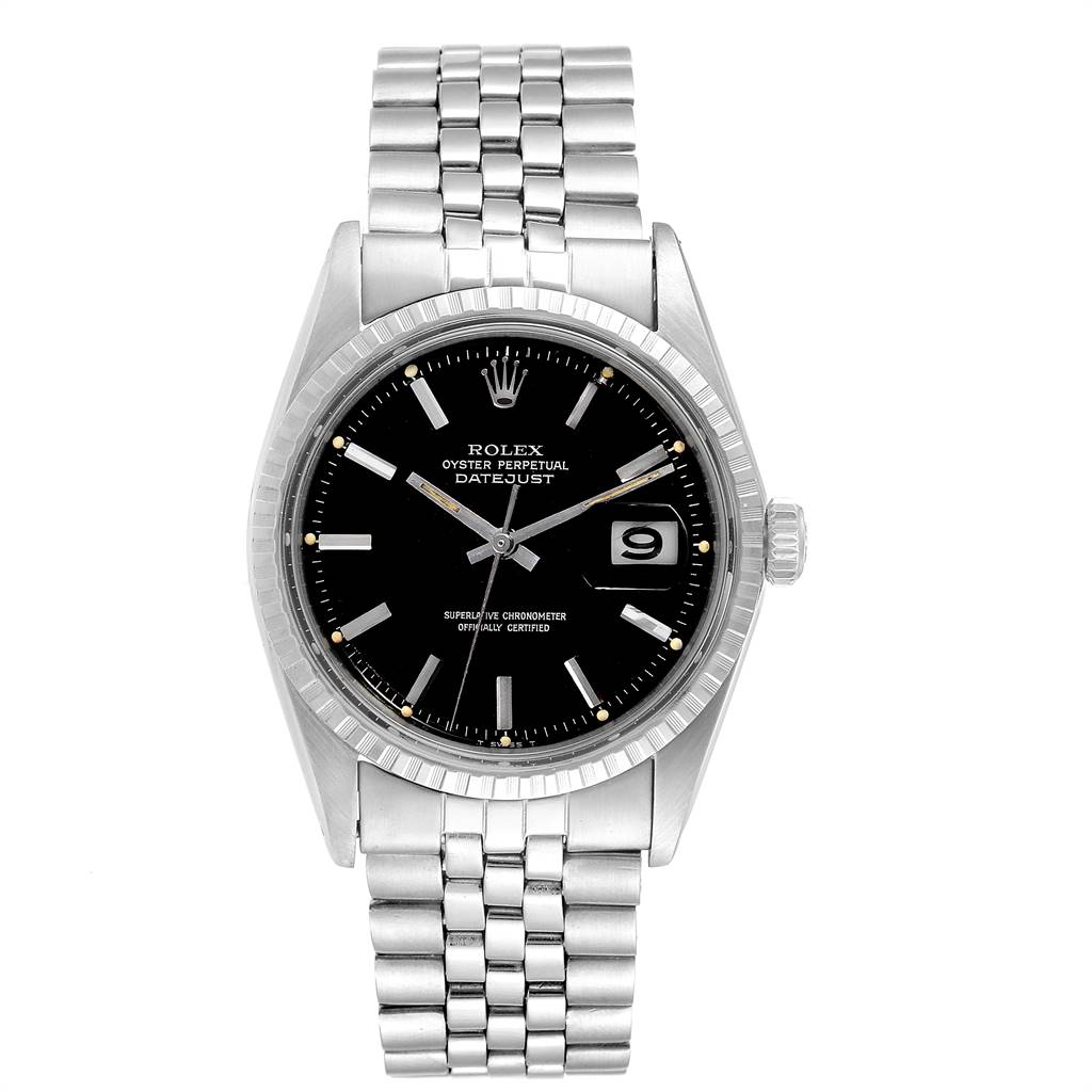 This image shows a frontal view of the Rolex Datejust Vintage Collection watch, highlighting its black dial, date display, and metal bracelet.