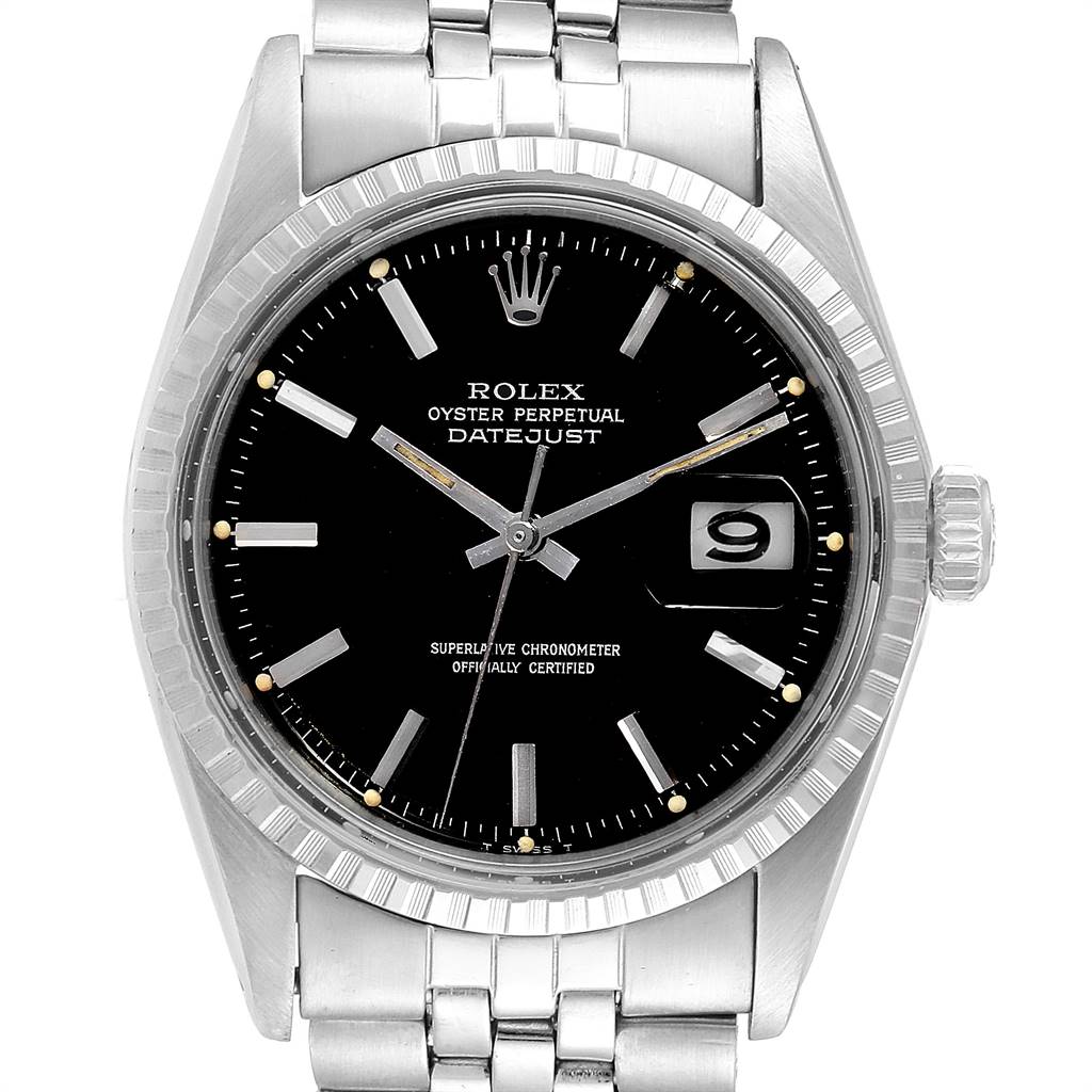 The image shows a front view of the Rolex Vintage Collection 1601 Men
s Stainless Steel Black Dial 1601 Men
s Stainless Steel Black Dial Oyster Perpetual Datejust watch, featuring its face, bezel, and bracelet.