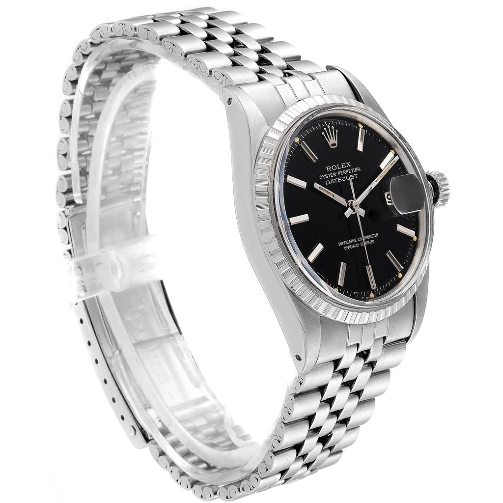 This image shows a side angle of the Rolex Vintage Collection 1601 Men
s Stainless Steel Black Dial 1601 Men
s Stainless Steel Black Dial model, highlighting the black dial, date display, and stainless steel bracelet.