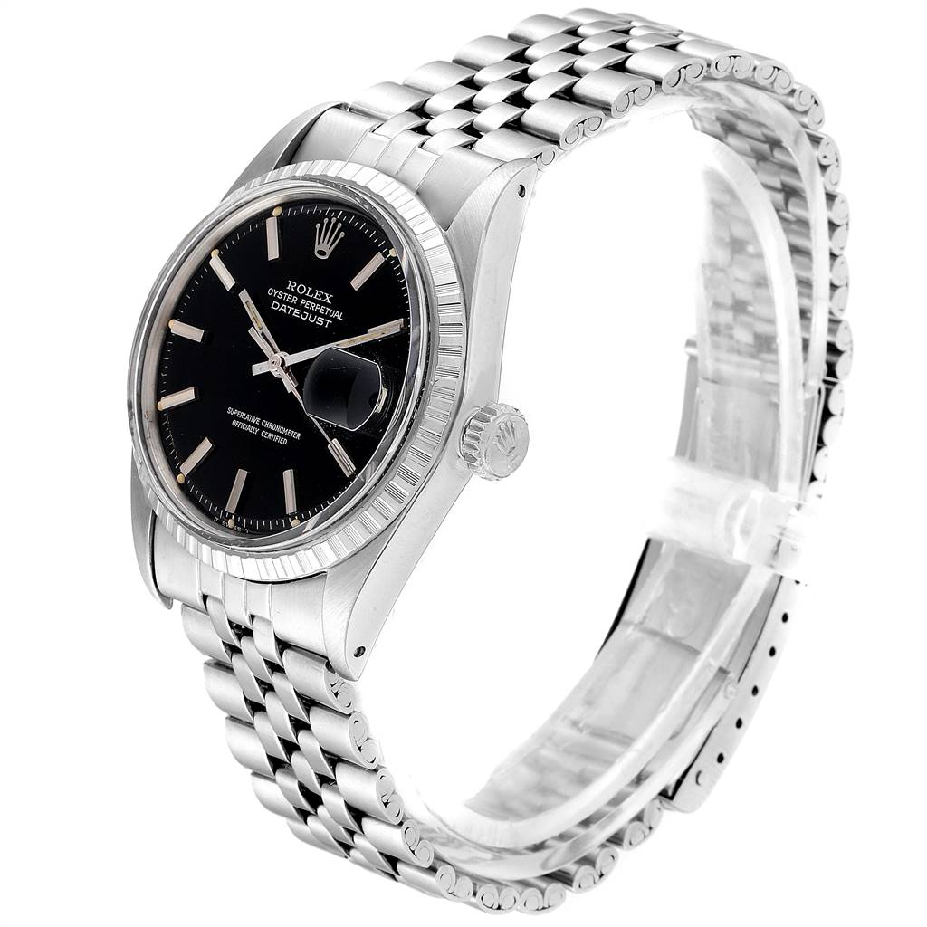 This image shows a Rolex Vintage Collection 1601 Men
s Stainless Steel Black Dial 1601 Men
s Stainless Steel Black Dial model watch at a three-quarter angle, depicting the face, bezel, crown, and bracelet.