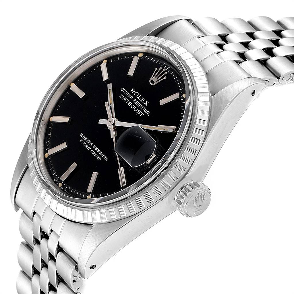 The Rolex Vintage Collection 1601 Men
s Stainless Steel Black Dial 1601 Men
s Stainless Steel Black Dial watch is shown at a slight angle, highlighting the black dial, fluted bezel, crown, and part of the bracelet.