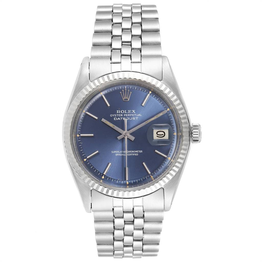 The image shows a frontal view of the Rolex Vintage Collection 1601 Men's Stainless Steel Blue Dial 1601 Men's Stainless Steel Blue Dial Oyster Perpetual Datejust watch, highlighting its dial, bezel, and bracelet.