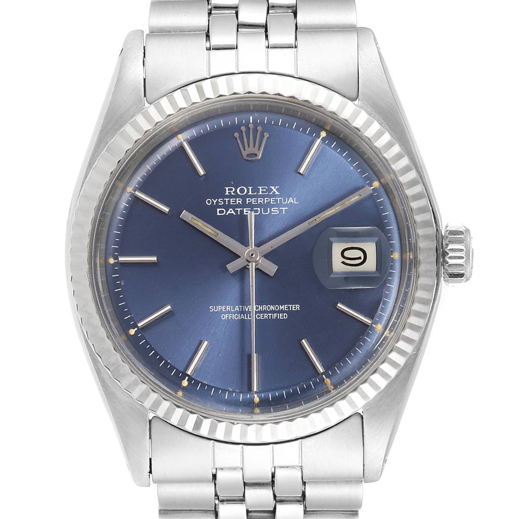 The Rolex Vintage Collection 1601 Men's Stainless Steel Blue Dial 1601 Men's Stainless Steel Blue Dial model is shown from the front, displaying its blue dial, date window, and stainless steel bracelet.