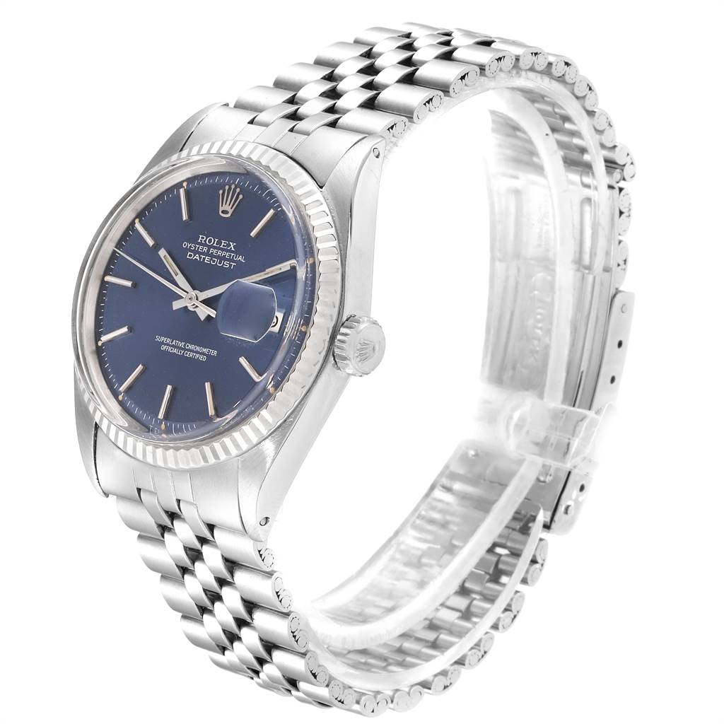 The Rolex Vintage Collection 1601 Men's Stainless Steel Blue Dial 1601 Men's Stainless Steel Blue Dial watch is shown at a 3/4 angle, highlighting the face, bezel, crown, and bracelet.