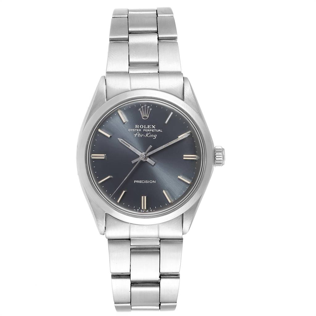 The image shows a Rolex Vintage Collection 5500 Men's Stainless Steel Grey Dial 5500 Men's Stainless Steel Grey Dial Air-King watch viewed from the front, presenting the dial, case, and bracelet.
