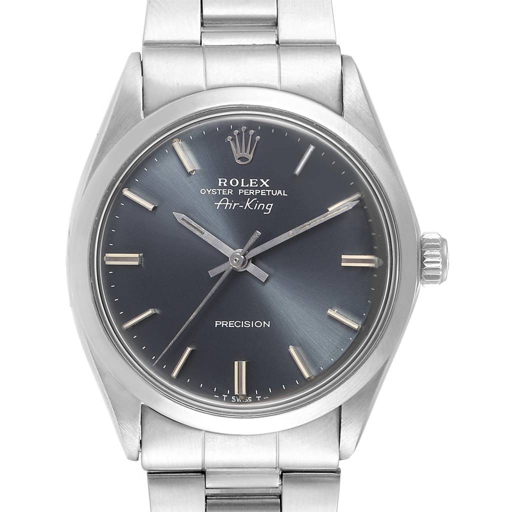 The image shows a front view of a Vintage Collection Rolex Oyster Perpetual Air-King watch, highlighting the dial, hands, and part of the bracelet.