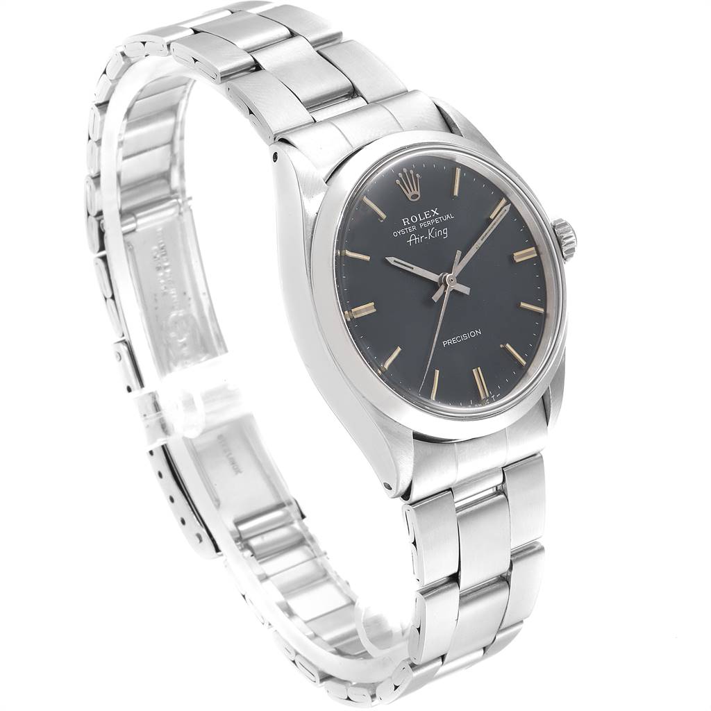 This image shows the Rolex Vintage Collection 5500 Men's Stainless Steel Grey Dial 5500 Men's Stainless Steel Grey Dial model watch from a diagonal side angle, highlighting the bezel, dial, case, and bracelet.