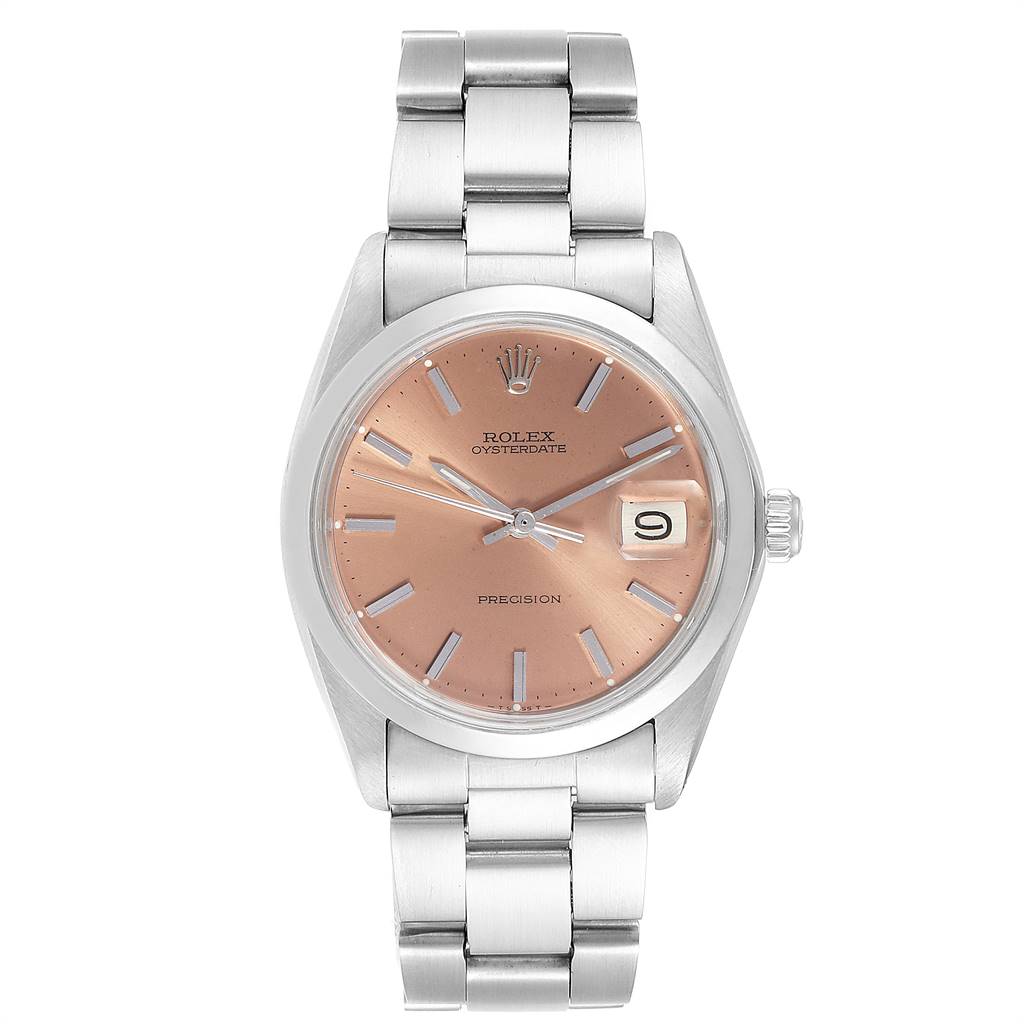 The image shows a front view of the Rolex Vintage Collection 6694 Men's Stainless Steel Pink Dial 6694 Men's Stainless Steel Pink Dial Oysterdate watch, displaying the dial, hands, date window, and bracelet.