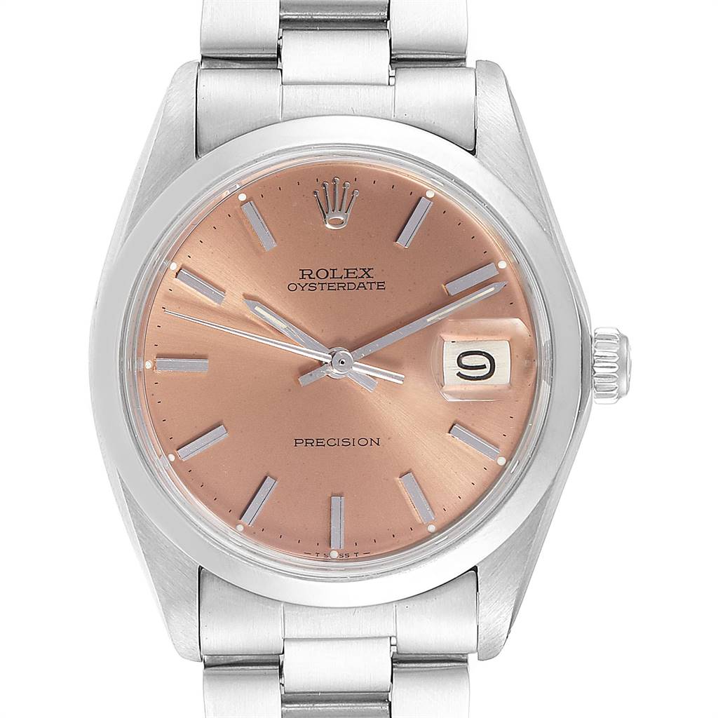 This image shows a frontal view of the Rolex Vintage Collection 6694 Men's Stainless Steel Pink Dial 6694 Men's Stainless Steel Pink Dial watch, displaying its dial, hands, date window, crown, and bracelet.