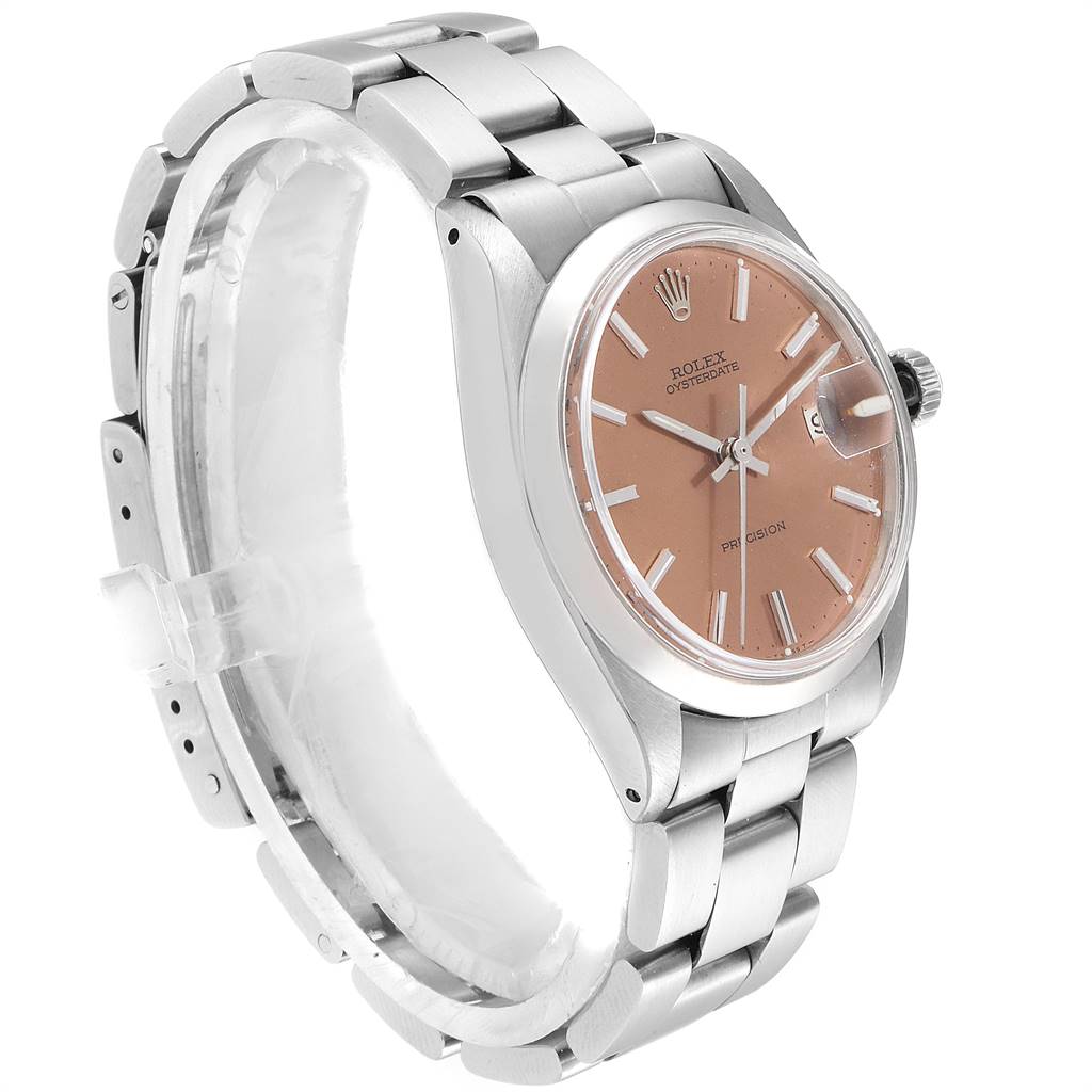 The image shows a side perspective of the Rolex Vintage Collection 6694 Men's Stainless Steel Pink Dial 6694 Men's Stainless Steel Pink Dial watch, highlighting the bracelet, dial, and crown.