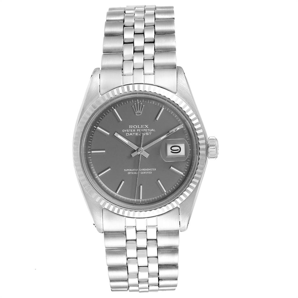 The image shows a front view of the Rolex Vintage Collection 1601 Men's Stainless Steel Grey Dial 1601 Men's Stainless Steel Grey Dial Oyster Perpetual Datejust, highlighting its dial, bezel, and bracelet.