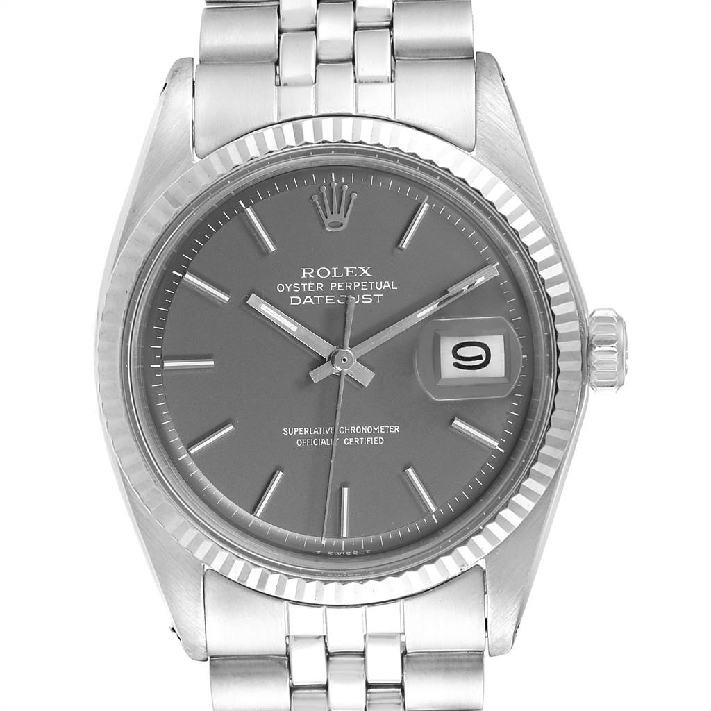 The image shows a front view of a Rolex Vintage Collection 1601 Men's Stainless Steel Grey Dial 1601 Men's Stainless Steel Grey Dial Datejust watch, displaying its face, bezel, and part of its bracelet.