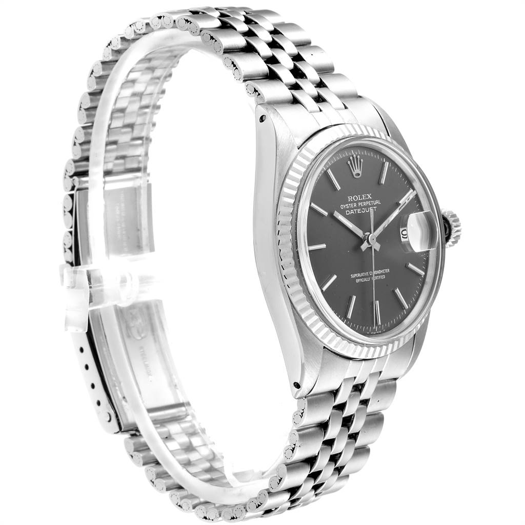 This Rolex Vintage Collection 1601 Men's Stainless Steel Grey Dial 1601 Men's Stainless Steel Grey Dial model watch is shown at an angle highlighting its face, bezel, crown, and bracelet.