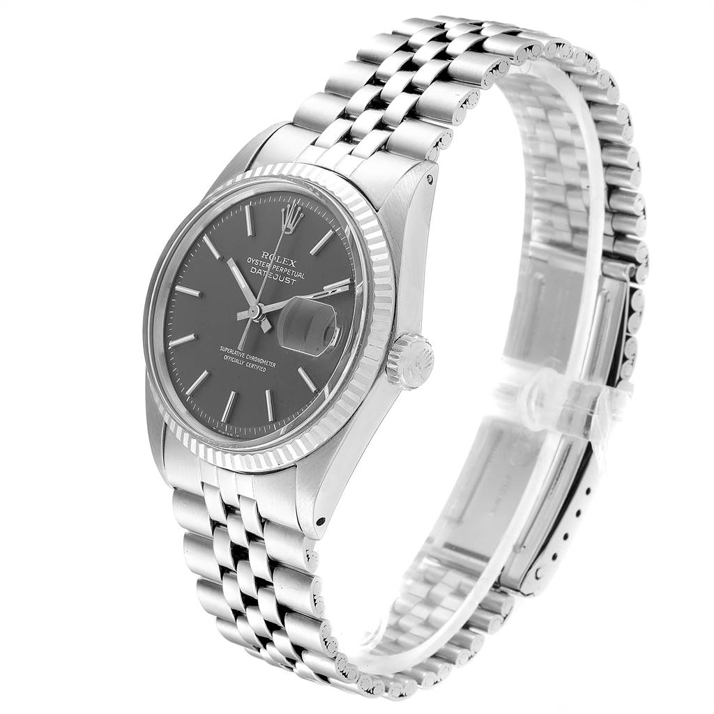 The Rolex Vintage Collection 1601 Men's Stainless Steel Grey Dial 1601 Men's Stainless Steel Grey Dial model watch is shown at a three-quarter angle, highlighting the face, crown, and bracelet.