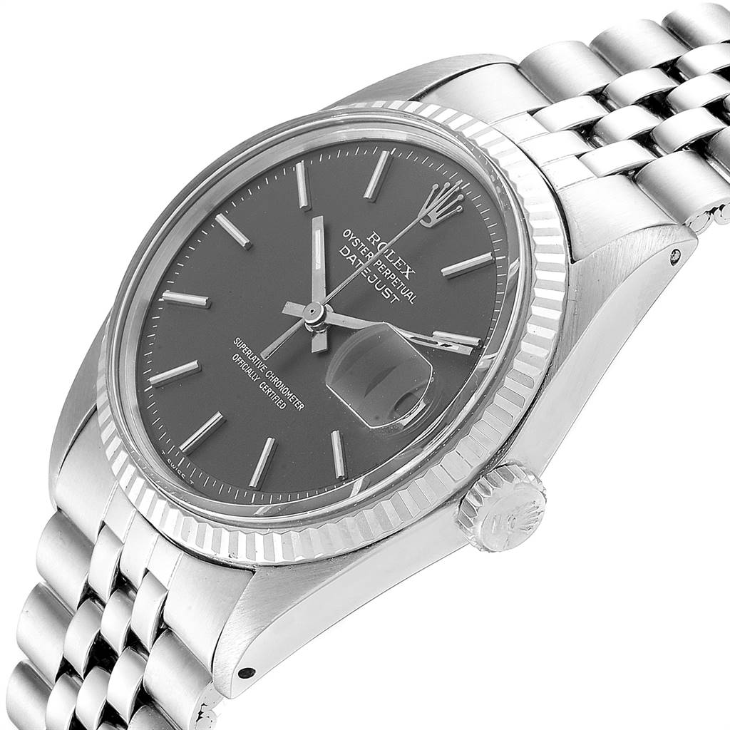 The image shows a Rolex Vintage Collection 1601 Men's Stainless Steel Grey Dial 1601 Men's Stainless Steel Grey Dial model watch at a slight angle, highlighting the face, bezel, crown, and bracelet.