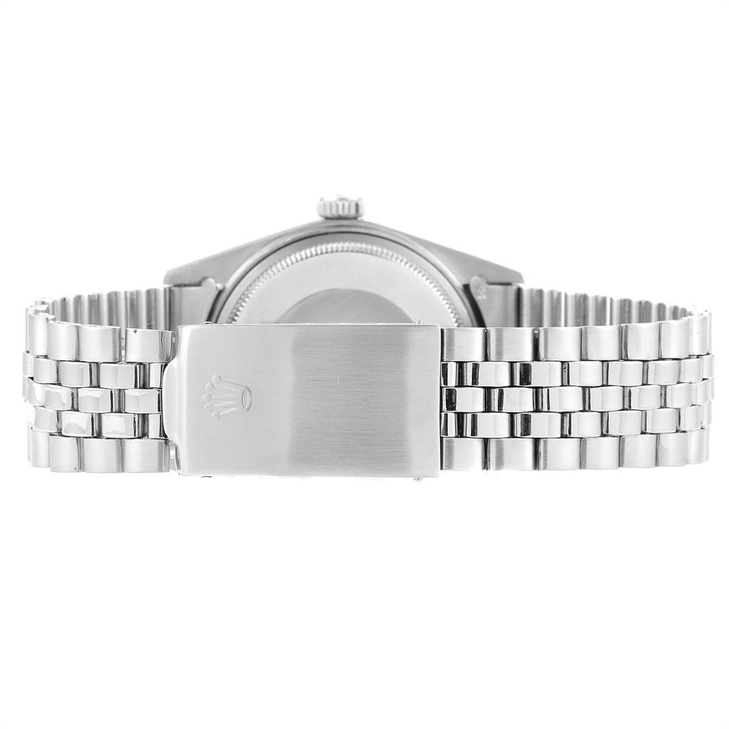 The image shows the back view of a Rolex Vintage Collection 1601 Men's Stainless Steel Grey Dial 1601 Men's Stainless Steel Grey Dial watch, highlighting its clasp and bracelet.