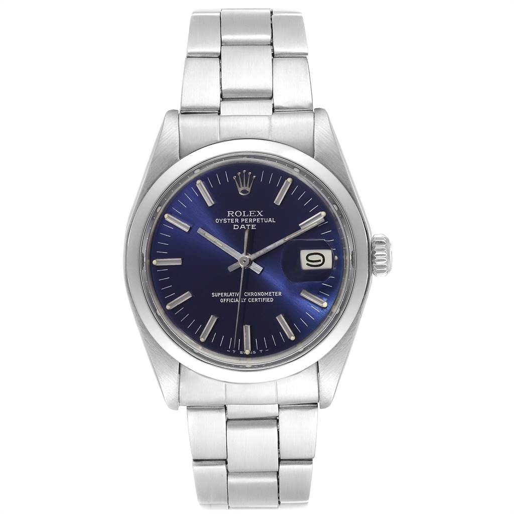 This image shows a front view of a Rolex Vintage Collection 1500 Men's Stainless Steel Blue Dial 1500 Men's Stainless Steel Blue Dial Oyster Perpetual Date watch, featuring a blue dial and a metal bracelet.