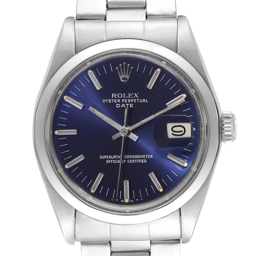 This image shows a Rolex Vintage Collection 1500 Men's Stainless Steel Blue Dial 1500 Men's Stainless Steel Blue Dial model watch from a front angle, displaying its blue dial, date window, and stainless steel bracelet.