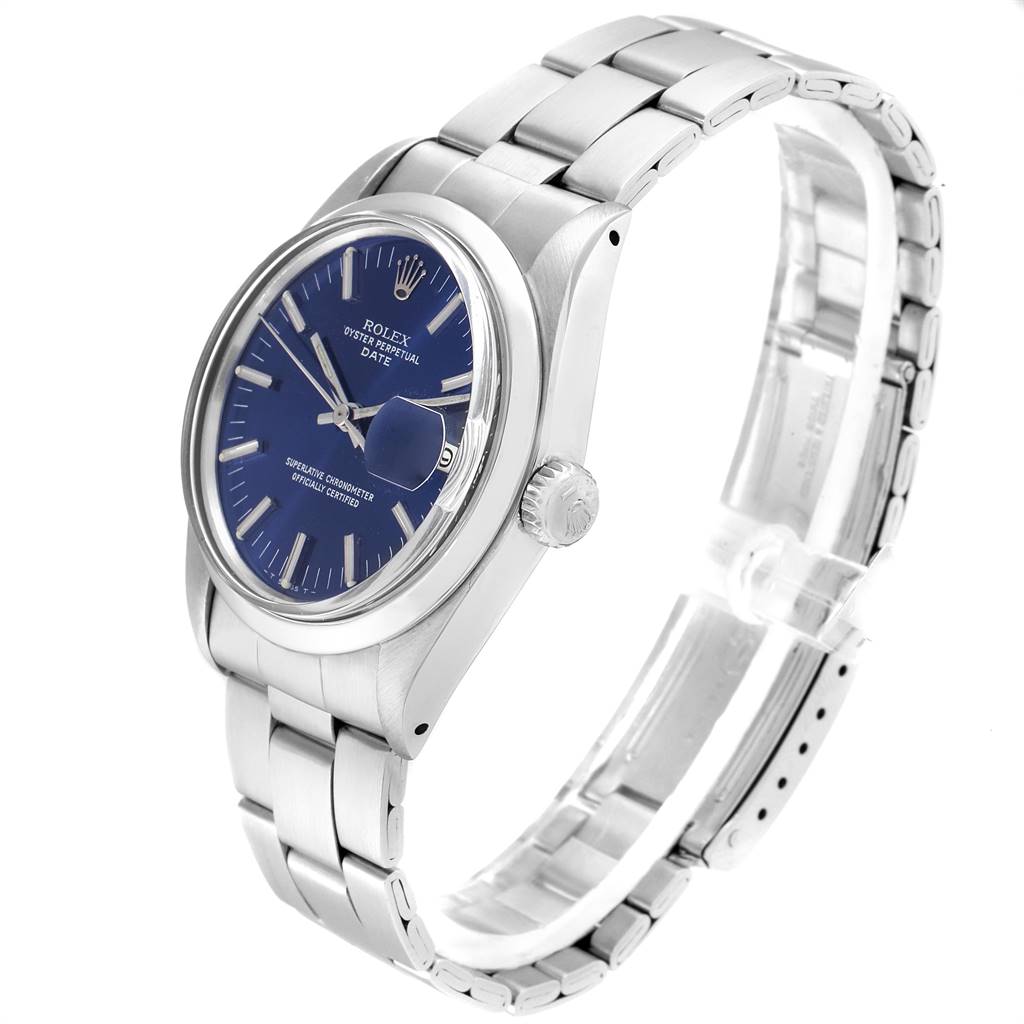 This image shows a Rolex Vintage Collection 1500 Men's Stainless Steel Blue Dial 1500 Men's Stainless Steel Blue Dial watch from a side angle, highlighting the bracelet, dial, and crown.