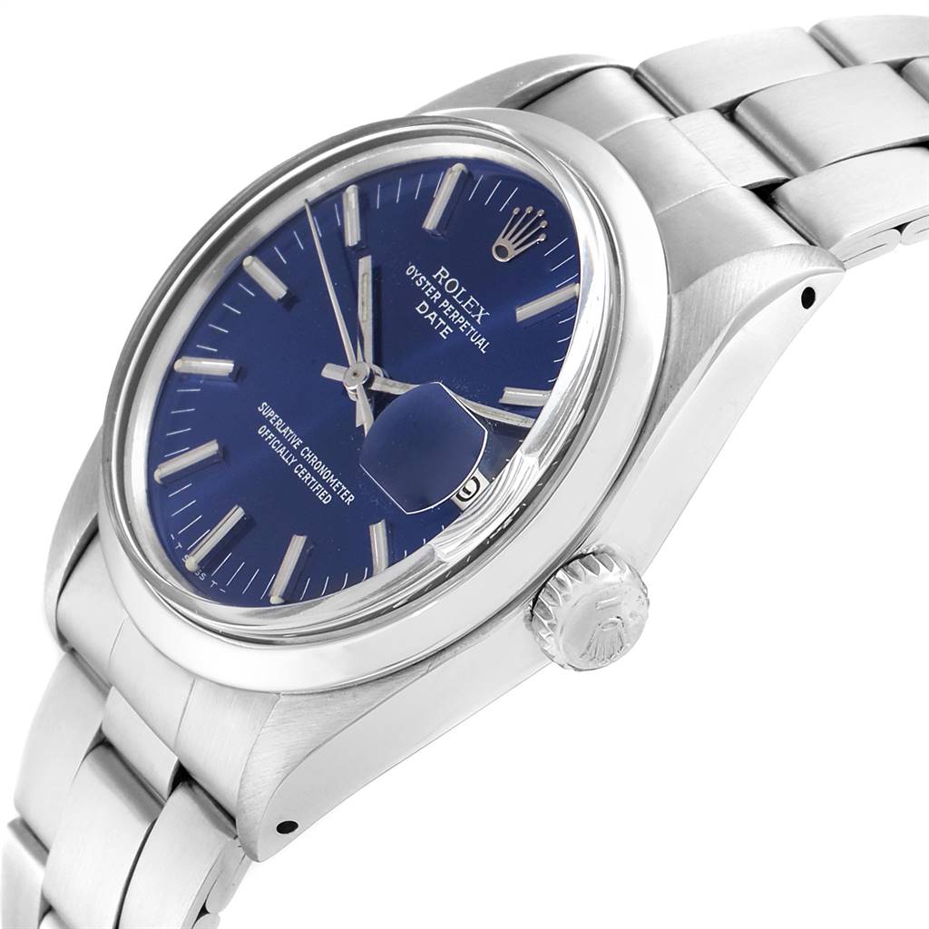 The Rolex Vintage Collection 1500 Men's Stainless Steel Blue Dial 1500 Men's Stainless Steel Blue Dial watch is shown from a side angle displaying the crown, dial, and part of the bracelet.