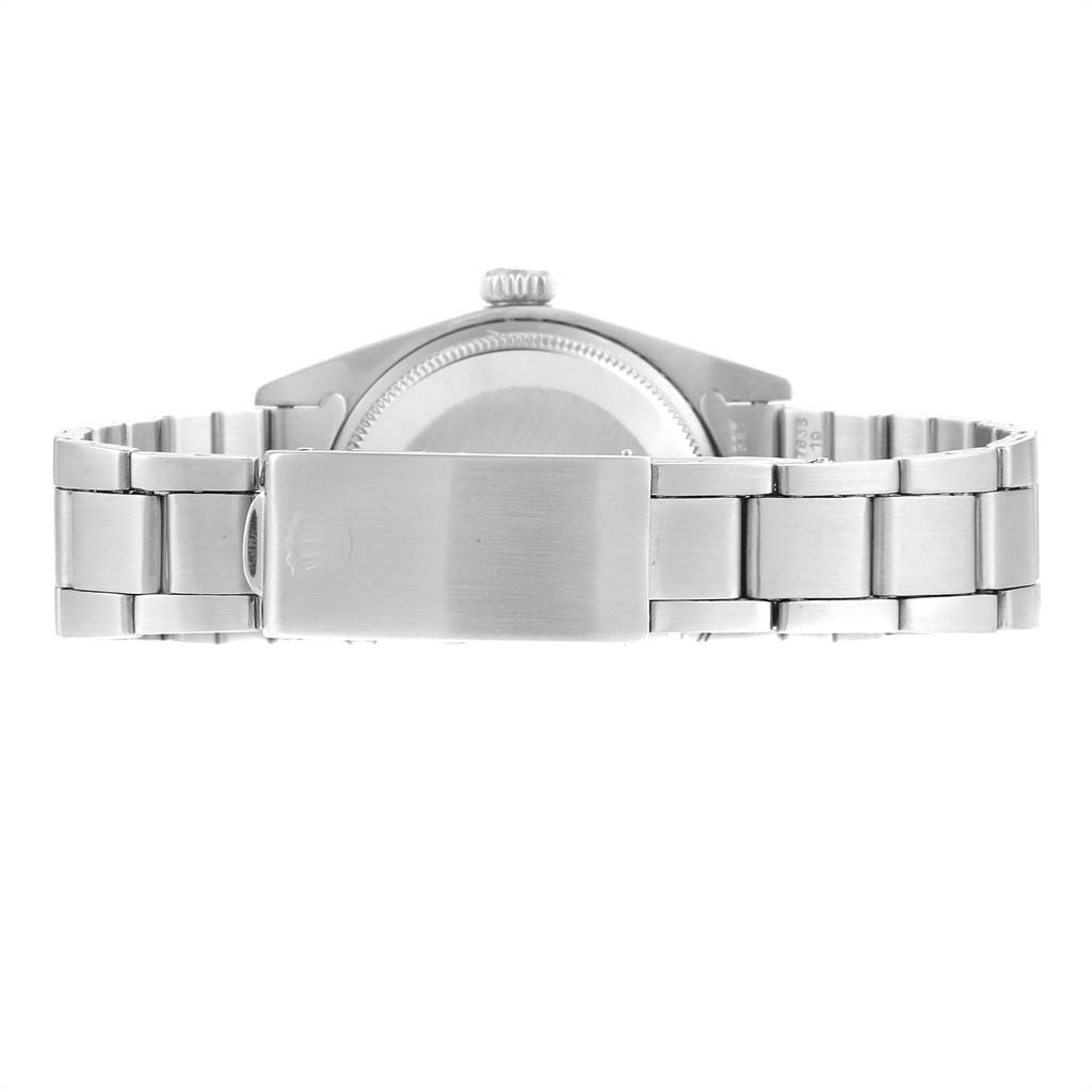 The back view of the Rolex Vintage Collection 1500 Men's Stainless Steel Blue Dial 1500 Men's Stainless Steel Blue Dial model shows its metal bracelet and clasp.